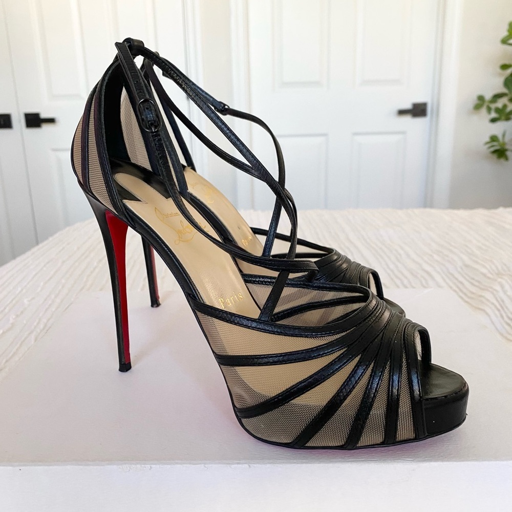 Christian Louboutin Black Strappy Mesh Peep-Toe Platform Sandals with Red Soles